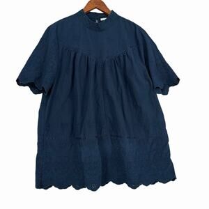 RO&DE Navy Eyelet Cotton Top Blouse Sz XL Short Sleeve Scallop Resort Cruise